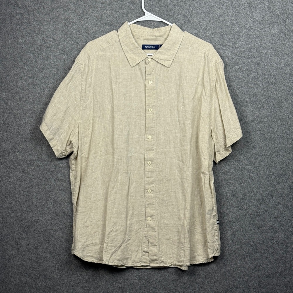 Nautica Mens Beige Linen Short Sleeve Button Down Shirt Size XXL